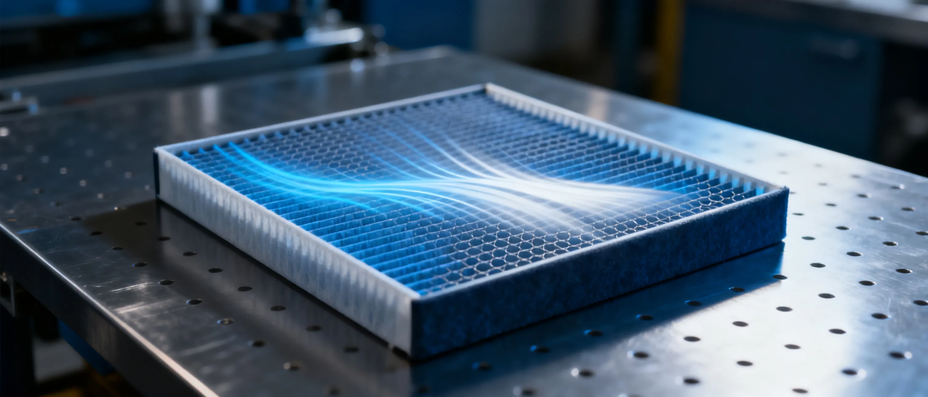 Cabin air filter product on deep blue industrial background